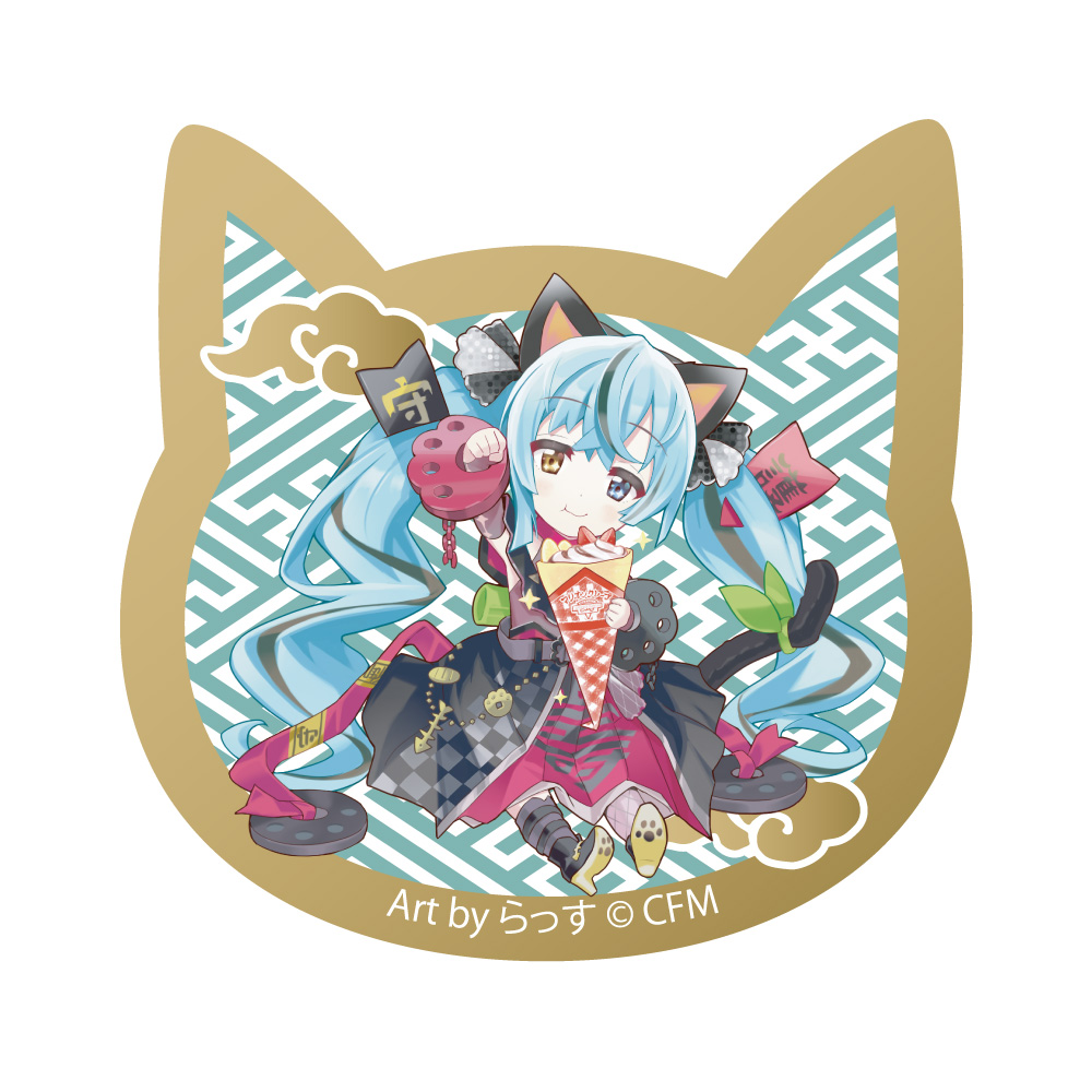 初音ミク×招き猫_猫型アクリルマグネット Art by らっす 黒猫　座り右手あげ　クレープ