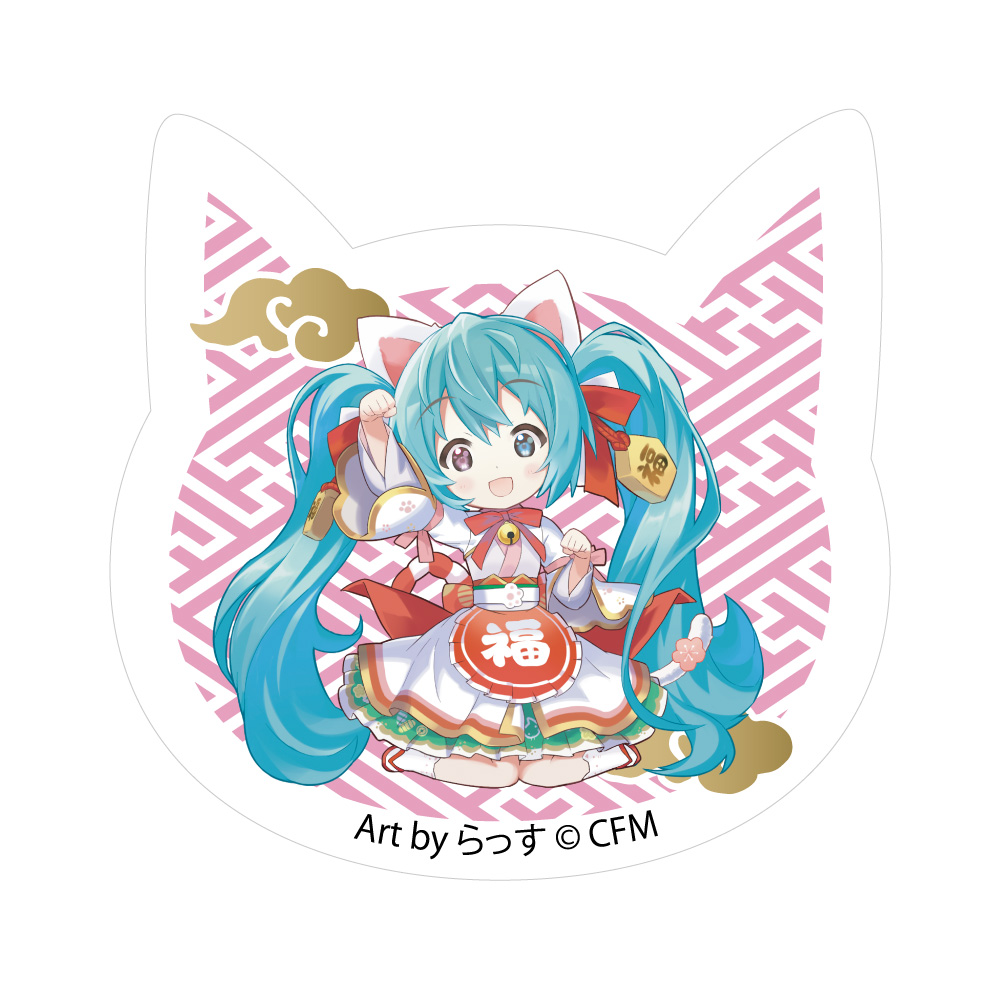 初音ミク×招き猫_猫型アクリルマグネット Art by らっす 白猫　座り右手あげ