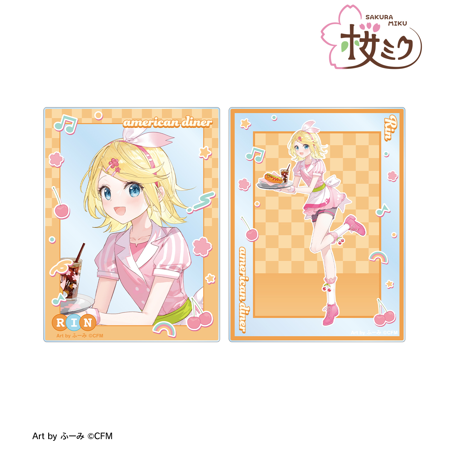 桜ミク_描き下ろし 鏡音リン アメリカンダイナーver. Art by ふーみ アクリルカード2枚セット