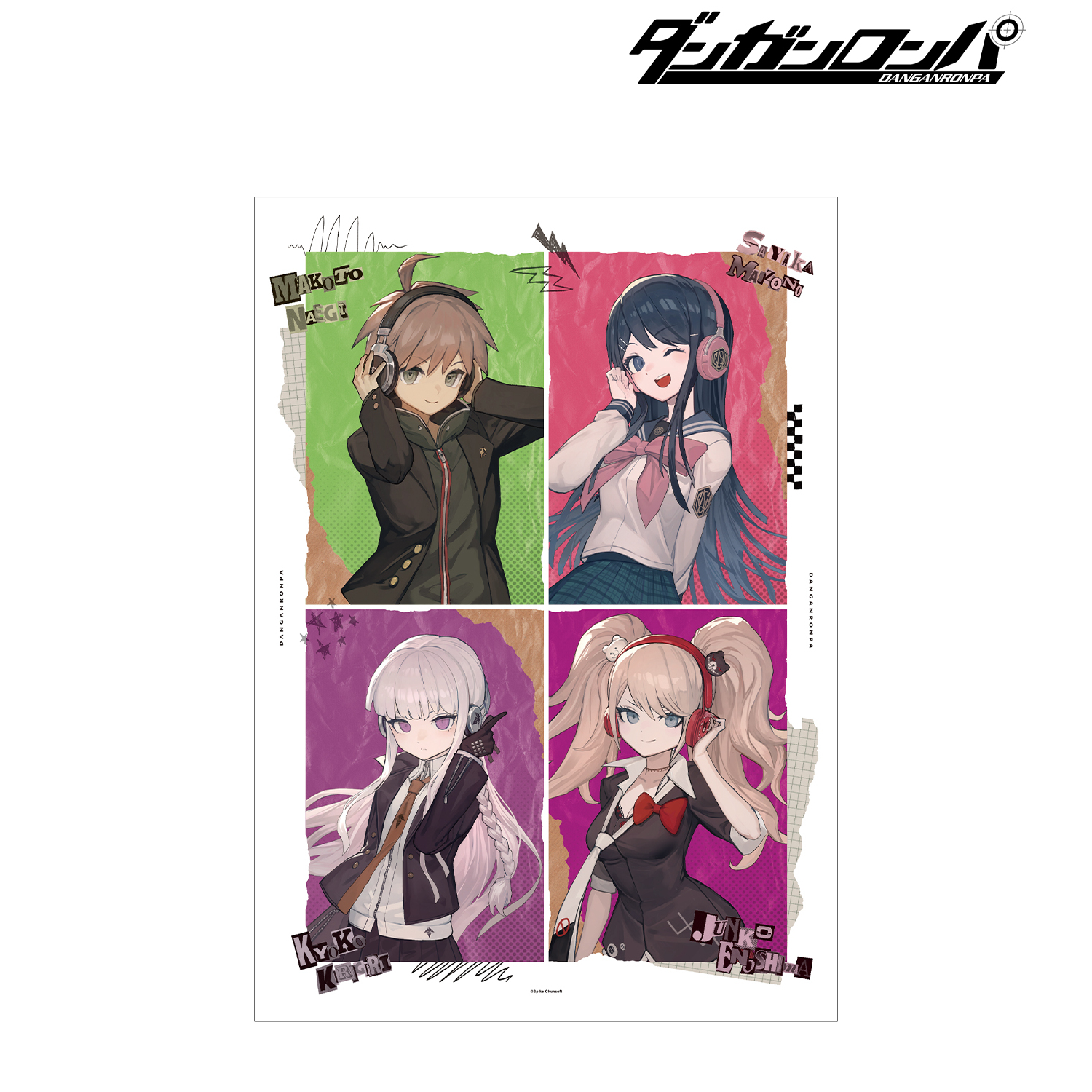 ダンガンロンパシリーズ_lackさんイラスト 苗木 誠&舞園 さやか&霧切 響子&江ノ島 盾子 ヘッドフォンver. A3マット加工ポスター