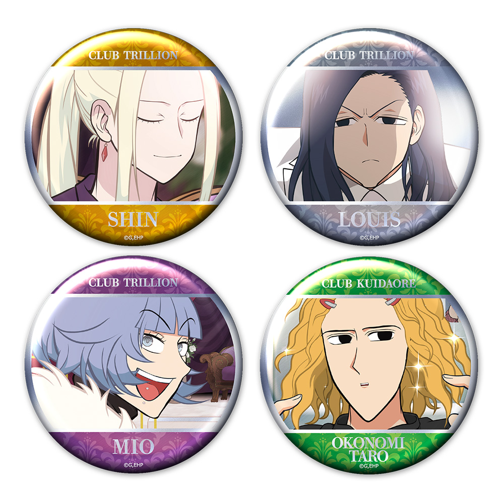えぶりでいホスト_メタリック缶バッジ4個セット シン＆ルイ＆ミオ＆おこのみ太郎