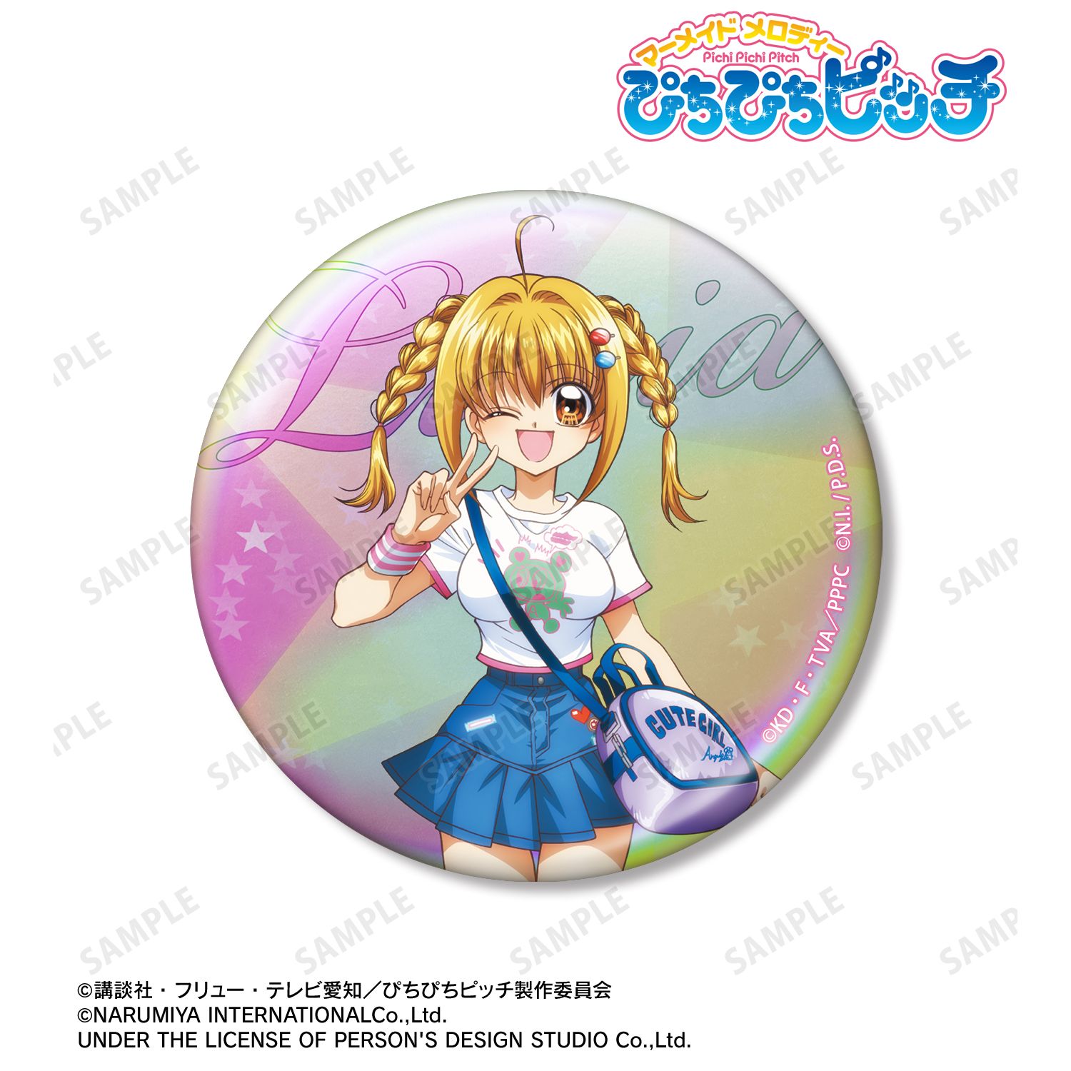 ぴちぴちピッチ_ANGEL BLUEコラボ 描き下ろし 七海 るちあ 75mmオーロラ缶バッジ ver.A