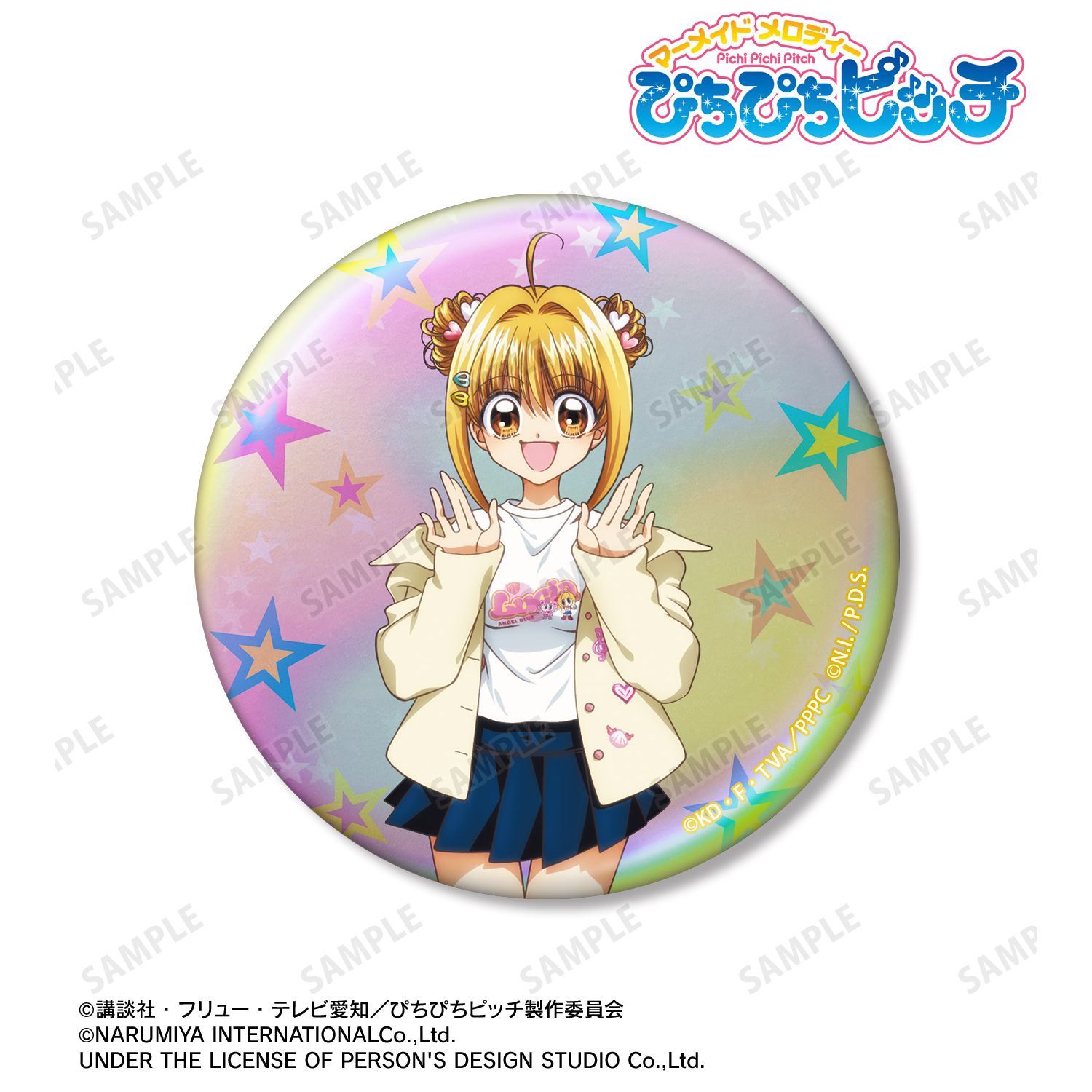 ぴちぴちピッチ_ANGEL BLUEコラボ 描き下ろし 七海 るちあ 75mmオーロラ缶バッジ ver.B