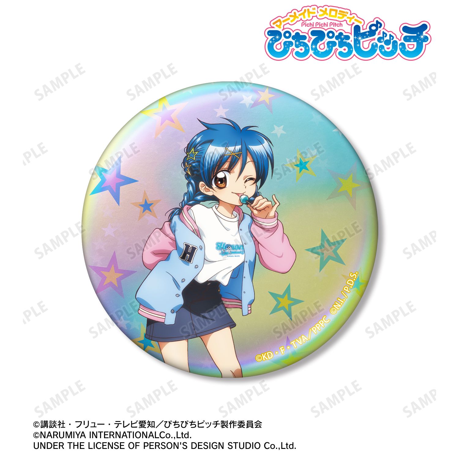 ぴちぴちピッチ_ANGEL BLUEコラボ 描き下ろし 宝生 波音 75mmオーロラ缶バッジ ver.B