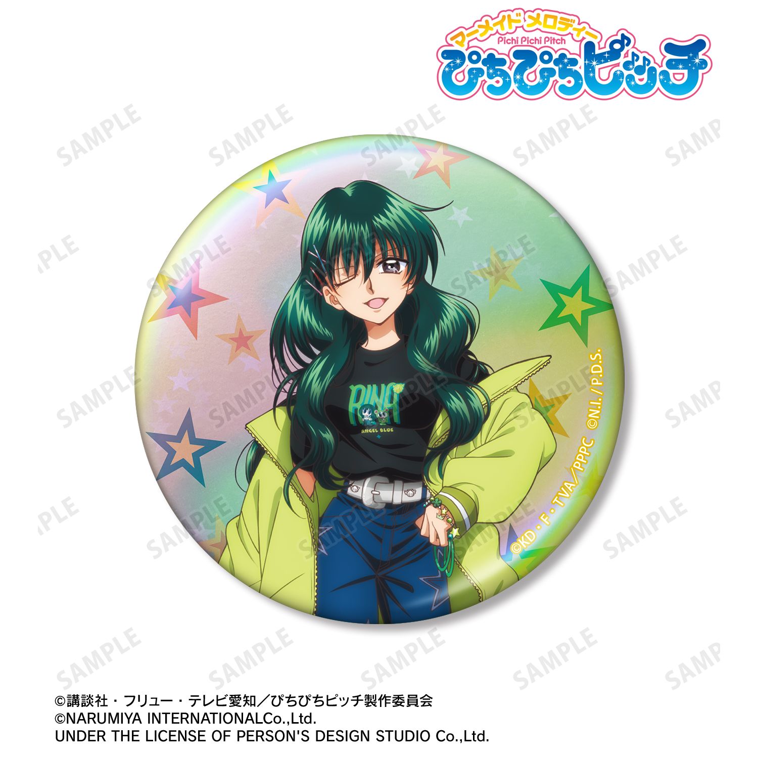 ぴちぴちピッチ_ANGEL BLUEコラボ 描き下ろし 洞院 リナ 75mmオーロラ缶バッジ ver.B